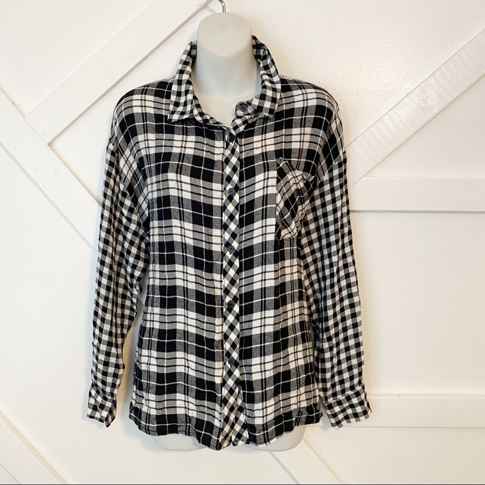 Tally Weijl Plaid Button Down Top Black White Sz L
